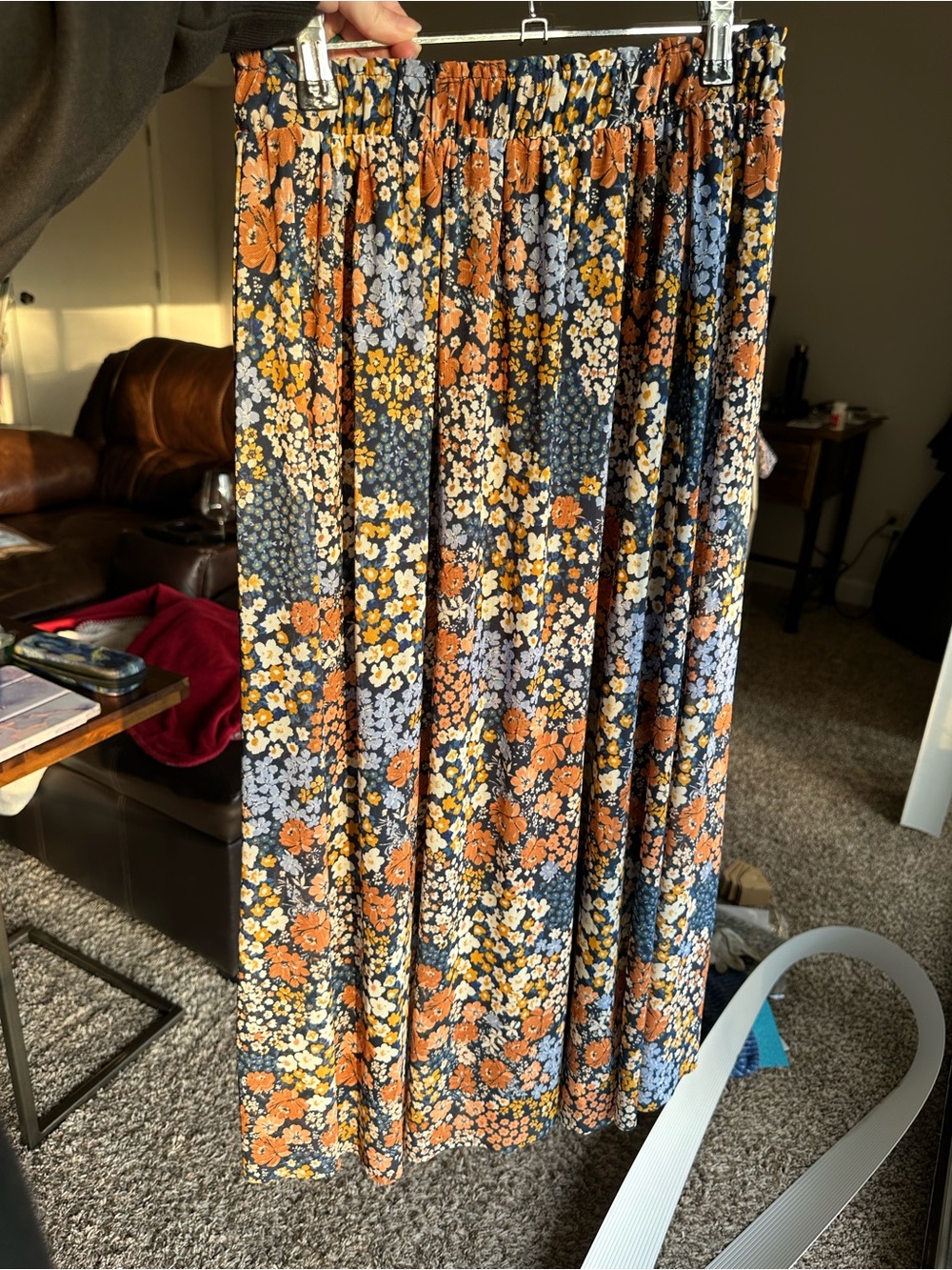 Floral Pleated Midi Skirt in Navy with Orange and Yellow